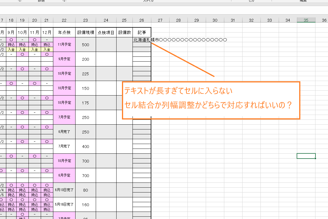 入力するテキストが長すぎてセルの長さが足りない様子