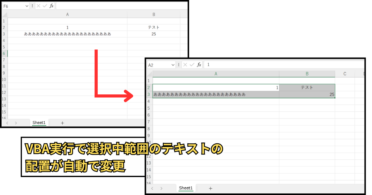 条件分岐が設定されたテキストの配置を変更するVBAの実行結果を示したイラスト